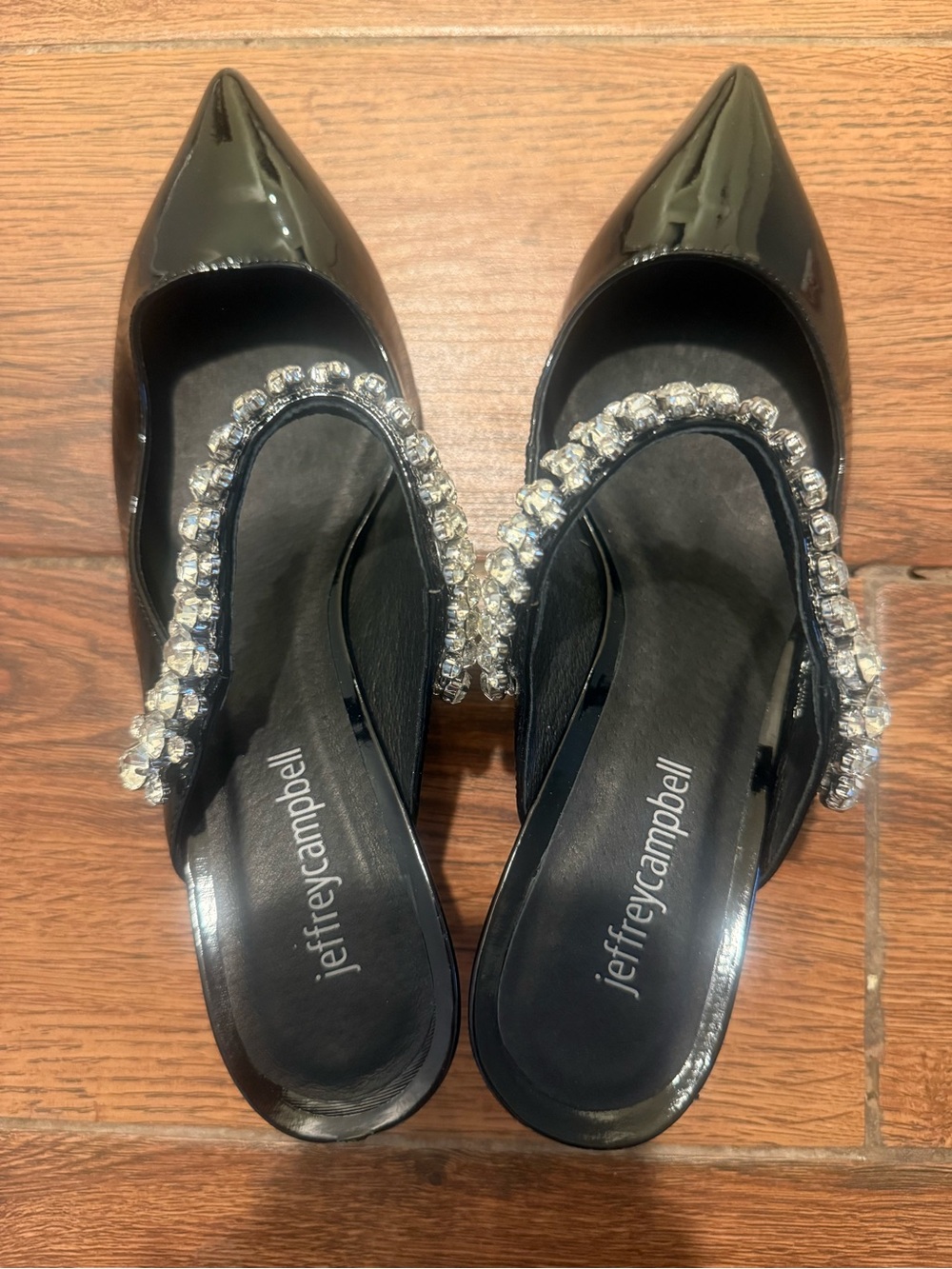 Jeffrey Campbell Black Patent Pointed Toe Mules with Crystal Strap - Picture 6 of 7